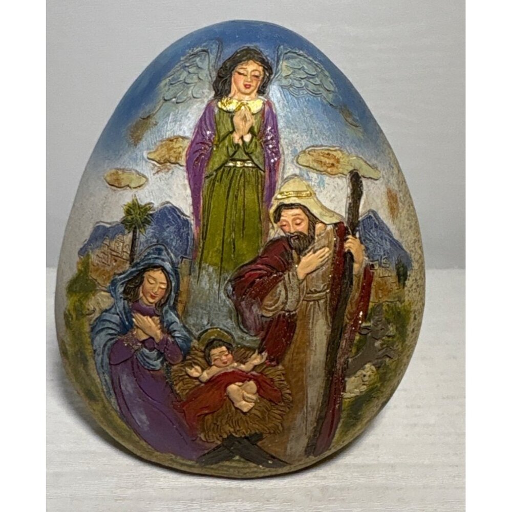 Nativity Scene Figurine Stone Shape 4.25" Tall Christmas Hand Painted Resin